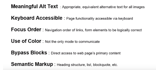 Meaningful Alt Text: Appropriate, equivalent alternative text for all images | Keyboard Accessible: Page functionality accessible via keyboard | Focus Order: Navigation order of links, form elements to be logically correct | Use of Color: Not the only mode to communicate | Bypass Blocks: Direct access to web page's primary content | Semantic Markup: Heading structure, list, blockquote, etc.