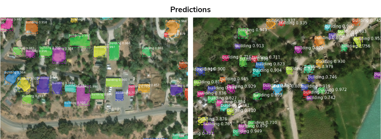 map images where AI is used to make predictions about what objects in the images are buildings