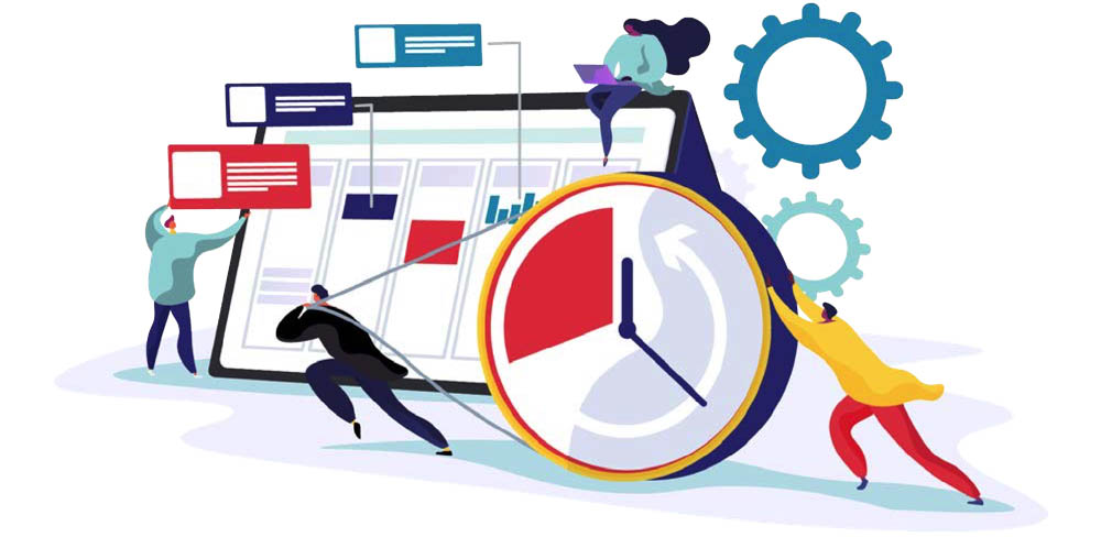 illustration of an agile transformation where one person sits at a computer next to gears, another puts text boxes on a giant tablet, and two people push a clock meant to signify speeding up the process