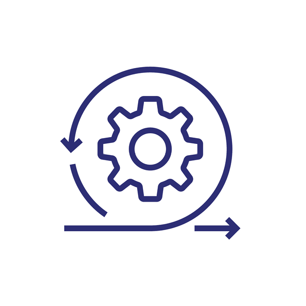 Agile Transformation depicted by a gear with a circle that has an arrow looped around it to show that it is continuous icon
