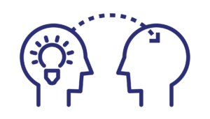 Outline of two heads with a lightbulb in one showing knowledge transferring from one person to the other.